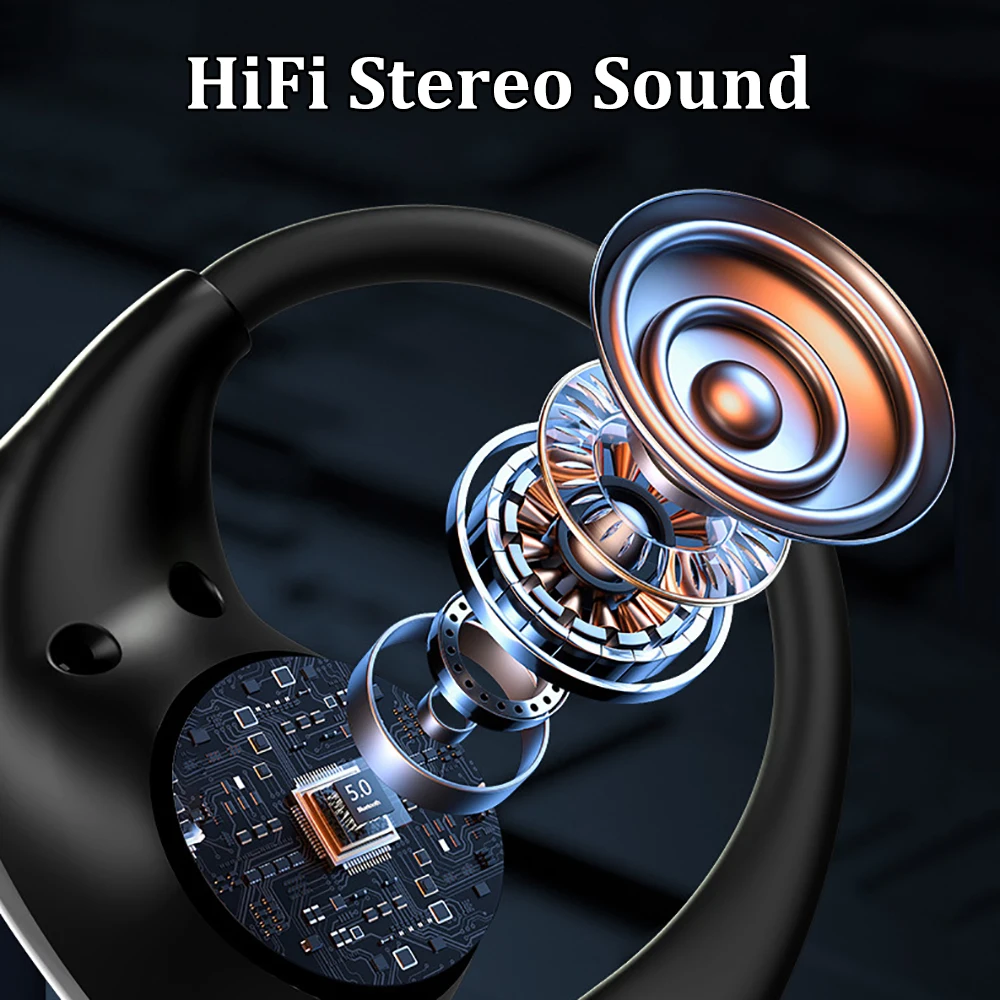 Cuffie con gancio per l'orecchio Bluetooth 5.4 Auricolari wireless TWS Cuffie stereo HiFi impermeabili Display a LED Auricolari touch in standby lungo