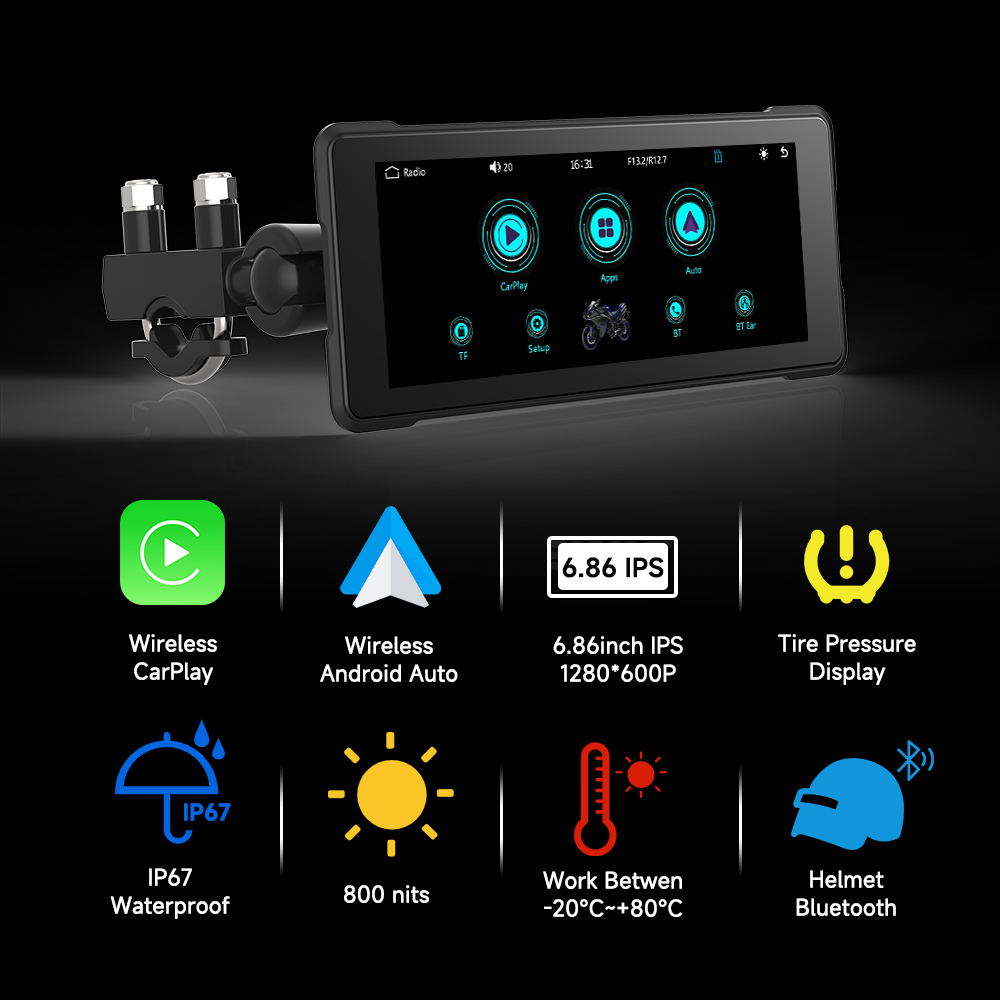 Reproductor Multimedia para motocicleta de 5/6/7 pulgadas, CarPlay inalámbrico, Android, grabadora de navegación GPS para coche, IP67, resistente al agua, pantalla táctil BT 2024