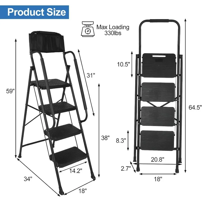 4 Step Ladder with Handrails & Attachable Tool Bag, 330 lbs Folding Step Stool Ladder, Wide Non-Slip PedalBlack