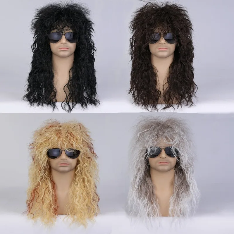 80er Jahre Rocker synthetische Perücken für Männer, Vokuhila-Perücke, langes lockiges Haar, Perücke, Kussperücke, perfekt für Halloween, Cosplay, DIY-Themenkostümparty