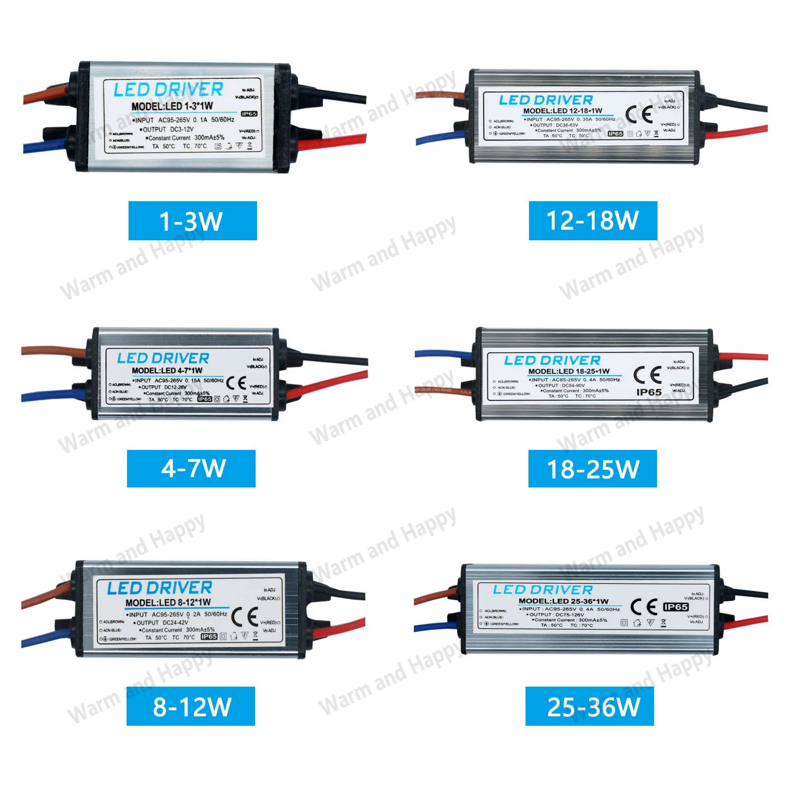 LED-Treiber 1–3 W, 4–7 W, 8–12 W, 12–18 W, 18–24 W, 25–36 W, AC95 V–265 V, Netzteil, 300 mA, wasserdichter IP65-Beleuchtungstransformator