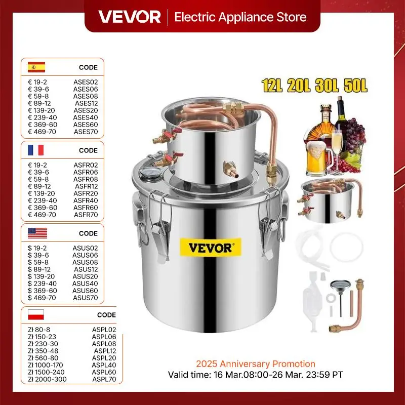 VEVOR Destilador de Agua de Acero Inoxidable 3/5/8 Gal para Alcohol Casero, Tubo de Cobre, Kit para Destilación Casera con Termómetro Integrado para Elaborar Whisky, Vino o Brandy Caseros, Color Plata