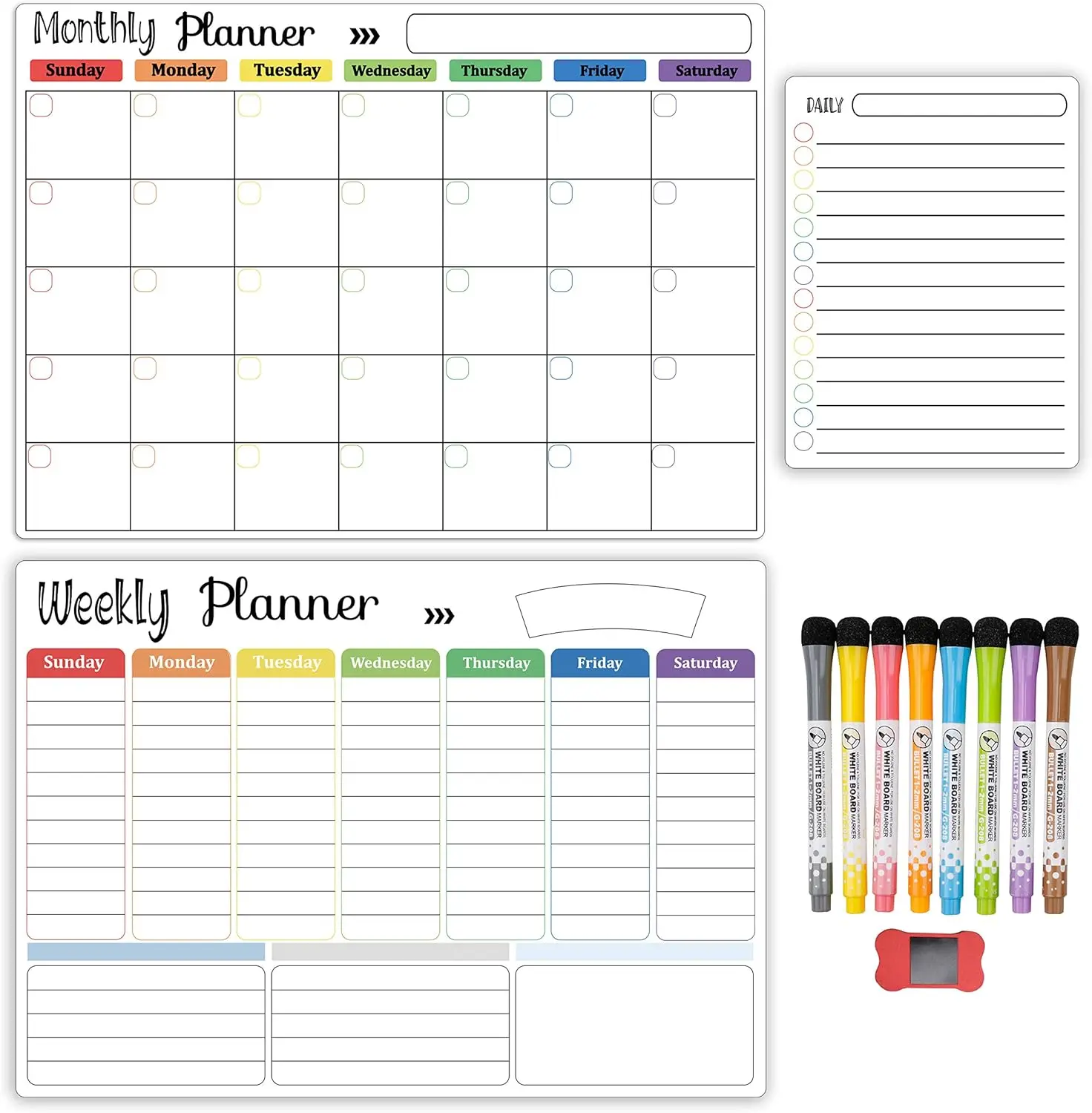 Hivillexun Magnetic Dry Erase Calendar Whiteboard Set (3-Pack) for Refrigerator, Wall, and Fridge Organization with Monthly, Wee