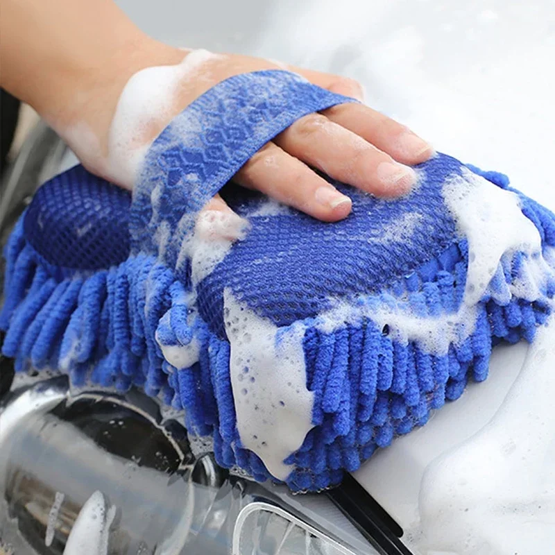 2Pc Blue Microfiber Chenille Car Wash Sponge Care Washing Brush Pad Cleaning Tool Auto Washing Towel Gloves Styling Accessories