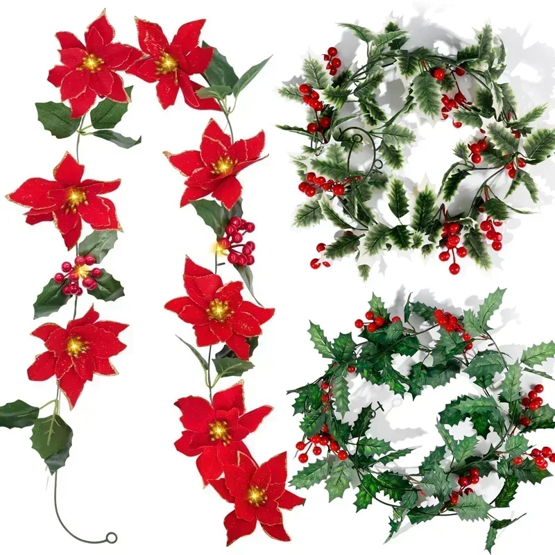 2メートルのクリスマス花輪光人工赤ベリーホリー葉アイビーつる籐花輪クリスマスツリーのオーナメントホームデコレーション