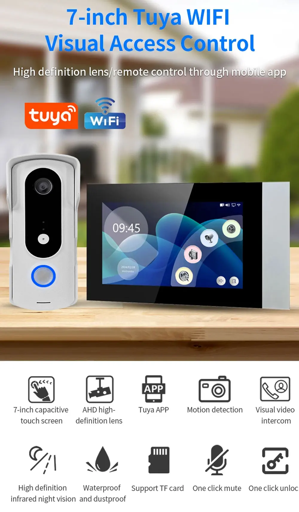 Novo sistema de intercomunicação de vídeo com 2 fios, tela sensível ao toque colorida de 7 polegadas, tuya, wi-fi, 1080p, painel de chamada à prova de chuva, câmera ir para casa, villa, construção