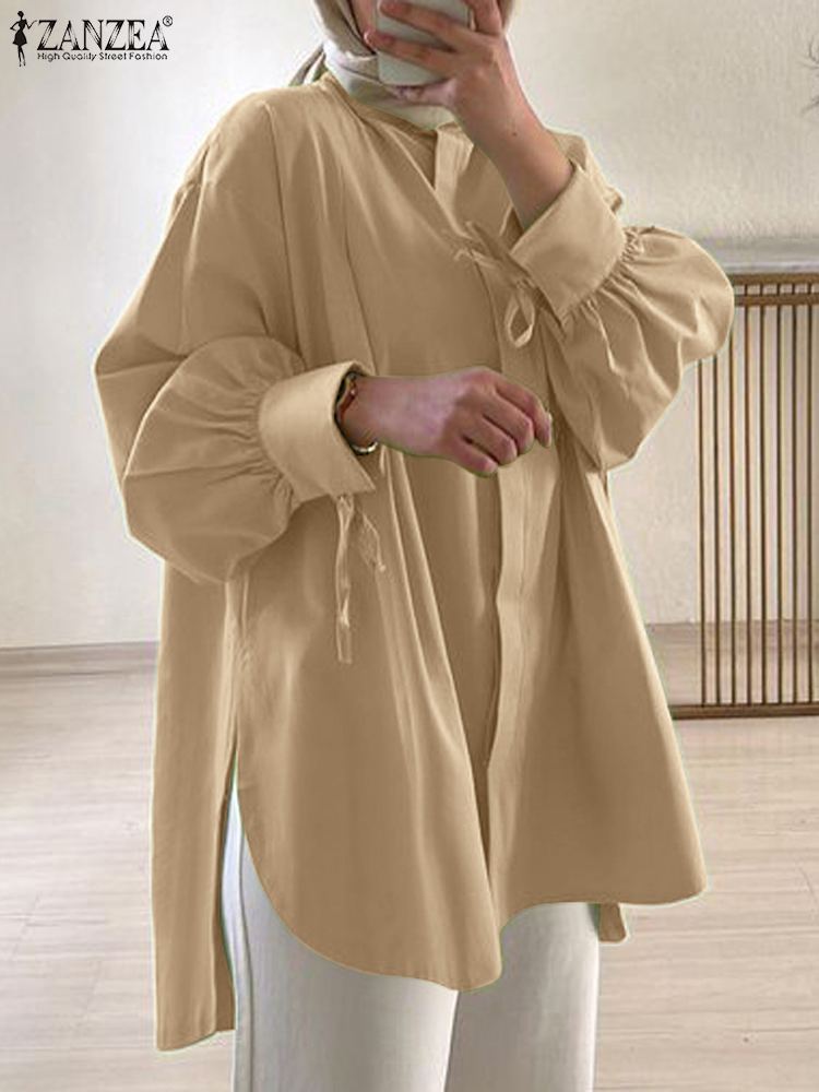 ZANZEA ファッション女性ブラウススタイリッシュな固体ルーズイスラム教徒ブラウスドバイトルコ Blusas 秋エレガントな長袖レースアップグリーントップス