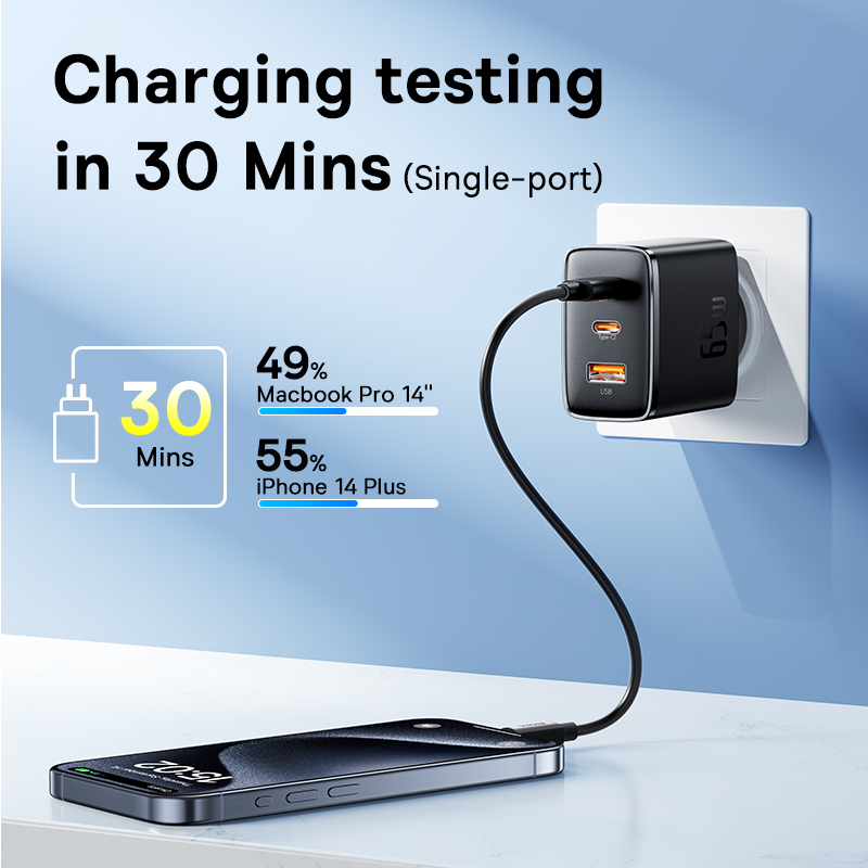Зарядное устройство Baseus GaN 65 Вт, USB-зарядное устройство PD Charge Type C, поддержка PD QC PPS, портативное быстрое зарядное устройство для iPhone 16 15 14 13 Pro Max, зарядное устройство для ноутбука