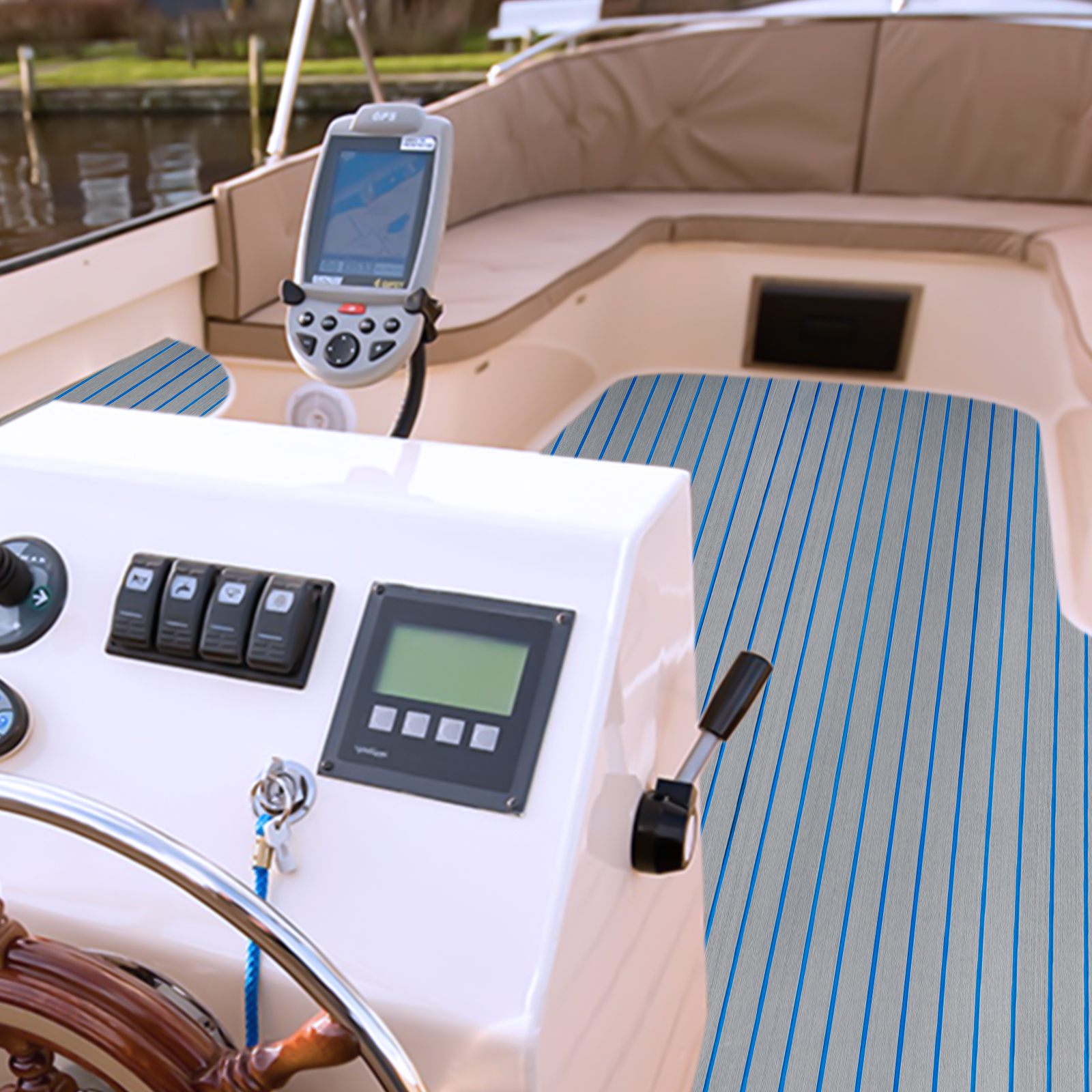 Coussretours Antidérapant Gris Clair à Rayures Bleues, 5x35.5 Pouces, en OligFoam Haute Densité, pour Yachts et Nombreux Sols