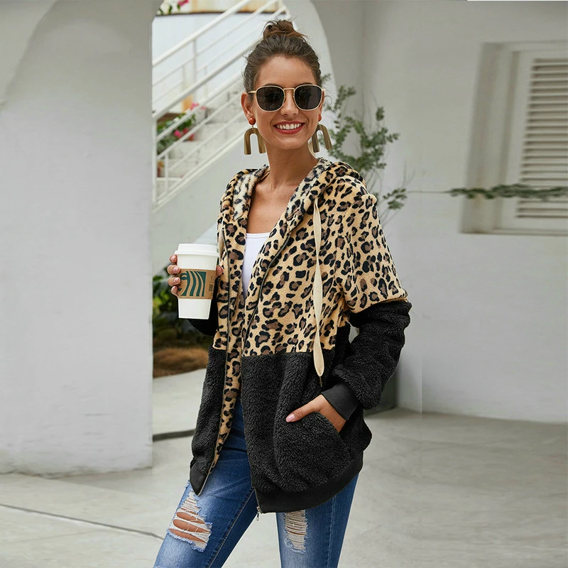 Herbst Winter Leopard Sweatshirts Frauen 2024 Langarm Kapuzen pullover lässig Reiß verschluss dicken Hoodie Top warmen Mantel Polerones Mujer