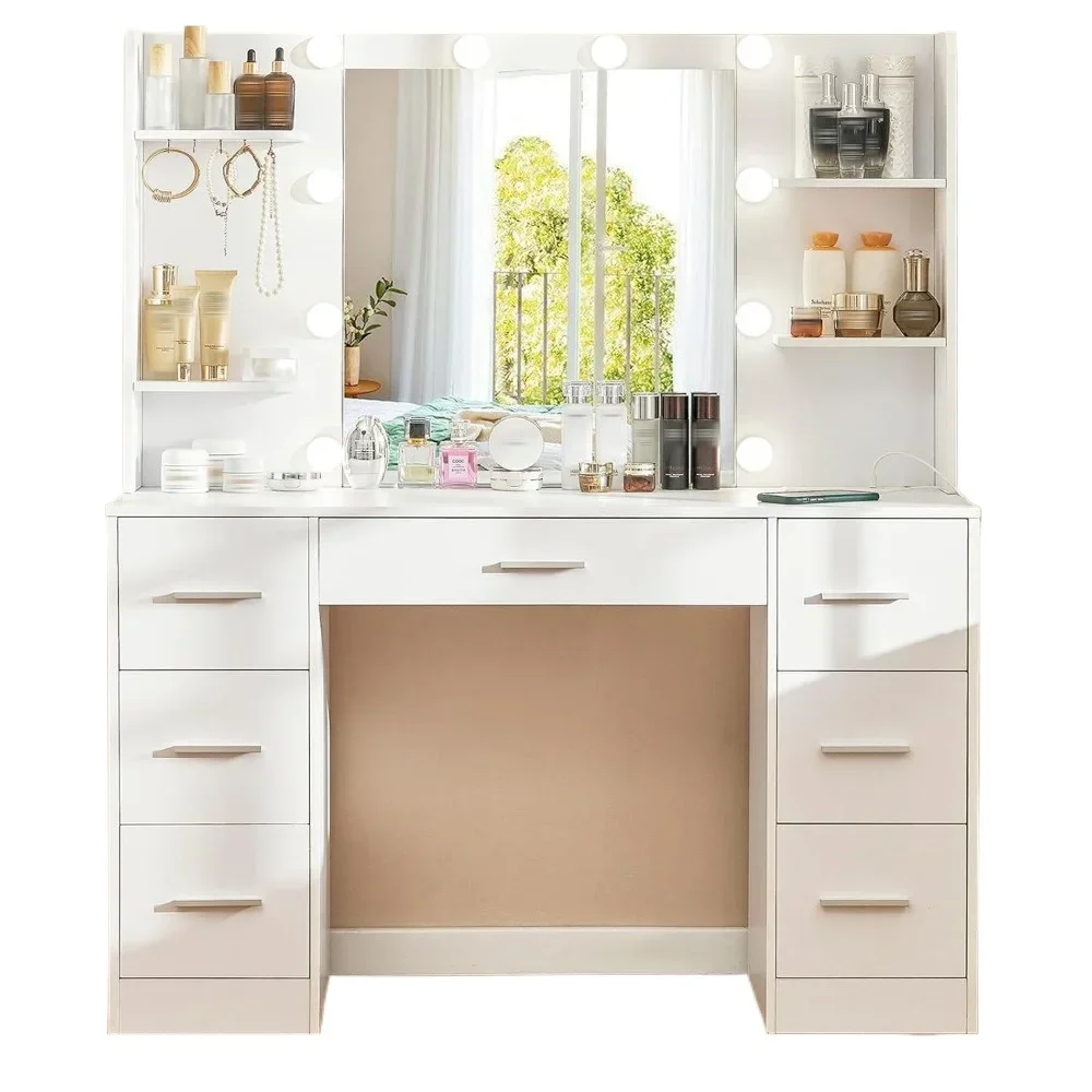 Large Vanity Desk with LED Lighted Mirror & Power Outlet,Makeup Vanity Table with 7 Drawers,4 Shelves and 5 Hooks,dressing table