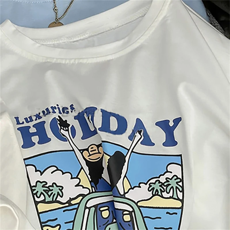 レトロアメリカンコットン半袖レディース Tシャツ夏ルーズシックトップホワイト香港スタイルトレンディラウンドネックプリント Tシャツ