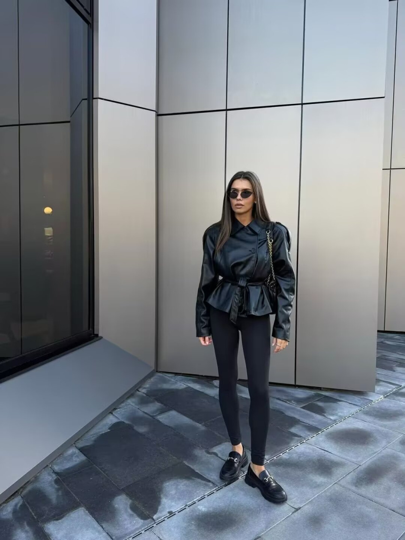 ETJ 2025 outono nova moda feminina cinto imitação de couro manga longa curto trench coat casaco de couro casual