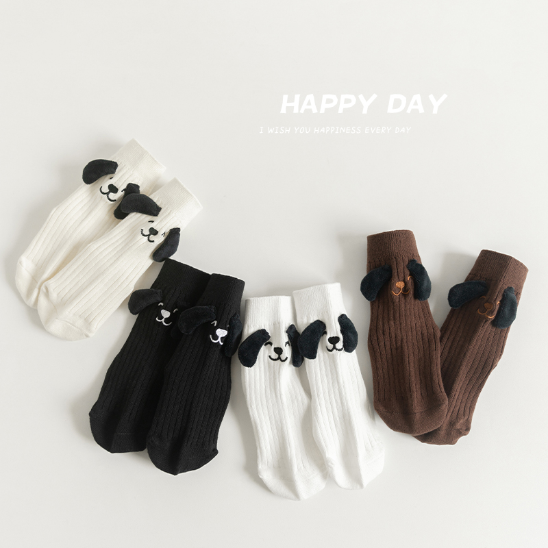 1 par de calcetines de otoño para niños de 1 a 12 años, bonitos calcetines de punto con dibujos de perros bordados para niñas y niños, calcetines deportivos escolares de algodón