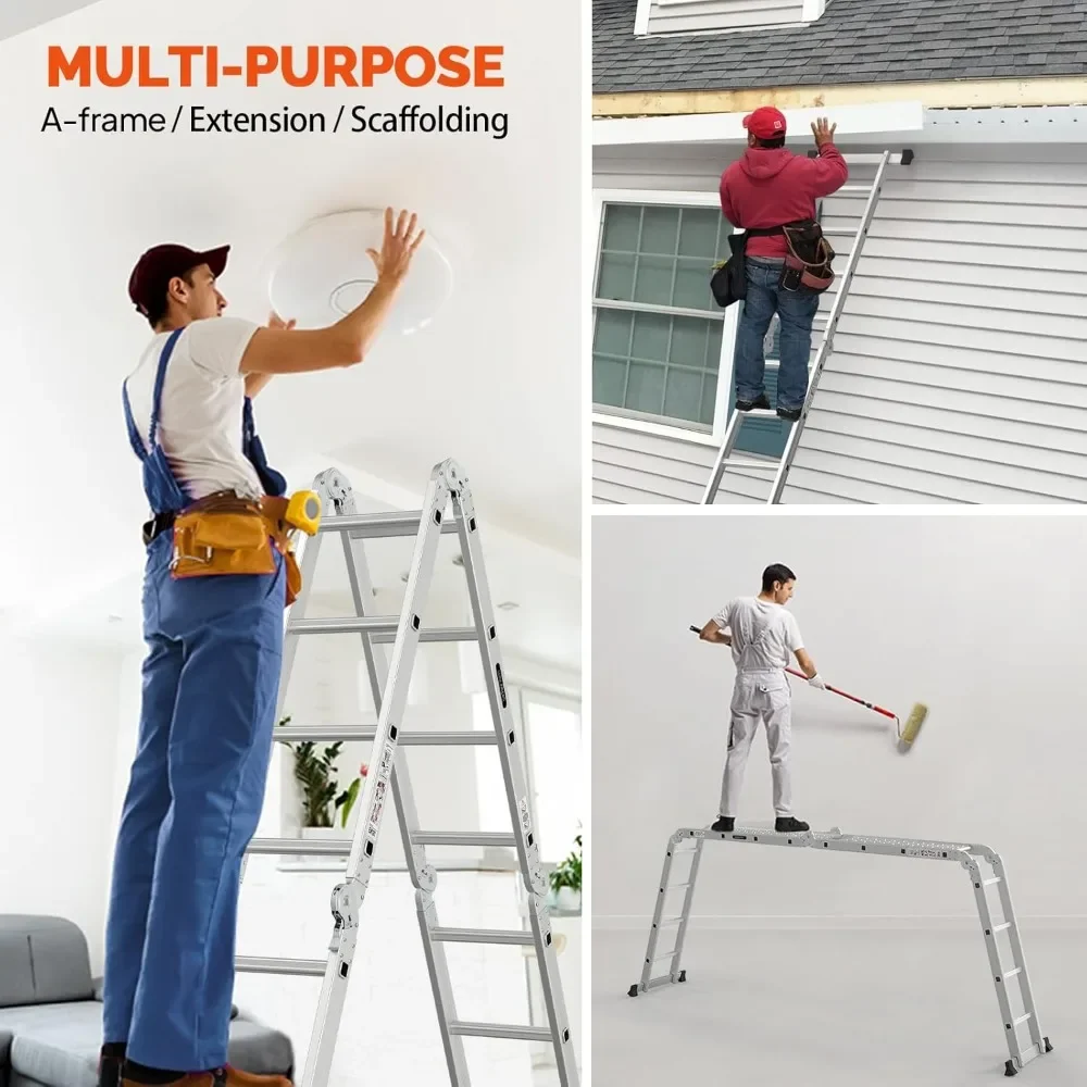 15.5FT Folding Ladder Multi-Purpose Aluminum Extension, 7 in 1 Heavy Duty Step & Combo, EN131 Certified