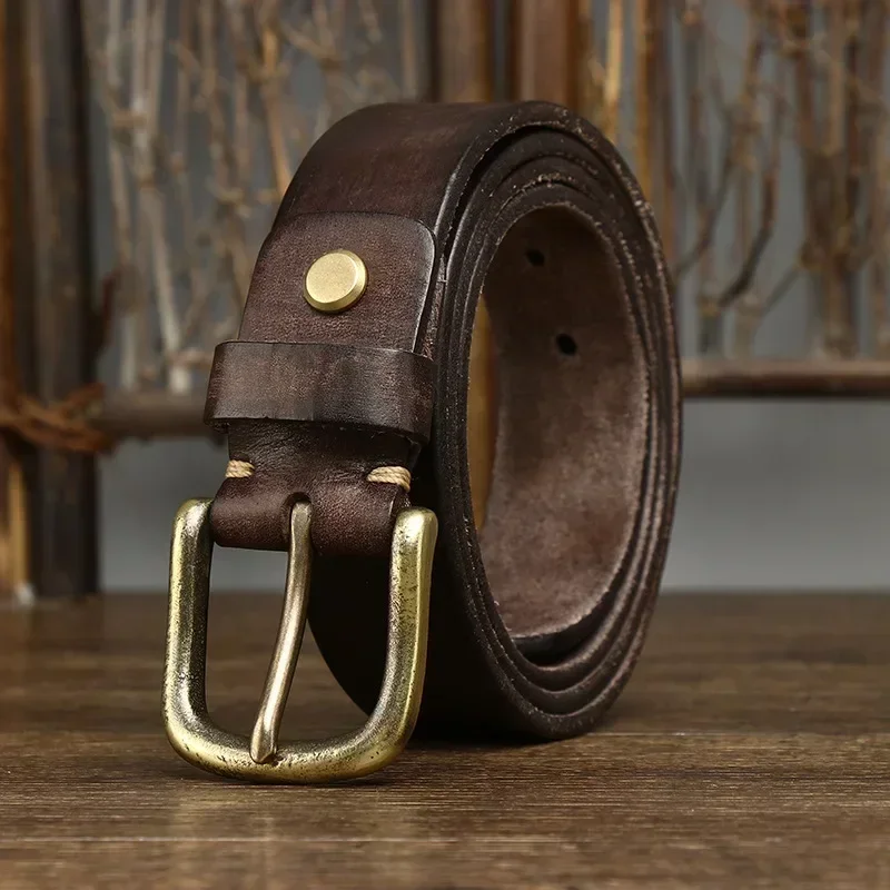 Cinturón de cuero genuino de 3,3 CM, correa de lujo para hombre, hebilla de cobre de Cuero de vaca puro a la moda, hebilla Retro clásica salvaje de alta calidad
