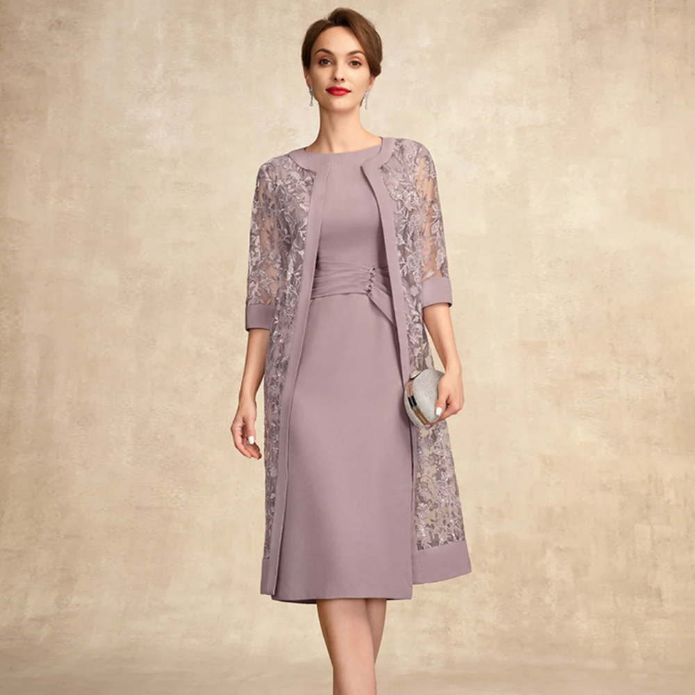 O-Ausschnitt A-Linie Mutter der Braut Kleider mit Spitze Jacke Falte Perlen Tee-Länge formale Hochzeit Gast Kleid فساتين السه