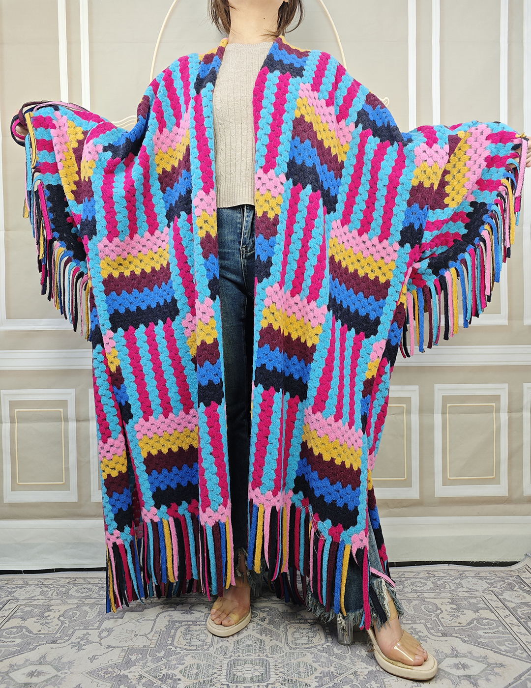 Neue Ankunft Frauen Winter Warme Lange Pullover Freie Größe Afrikanische Dame Bunte Lose Strickjacken Mode Blogger Quasten Kimonos