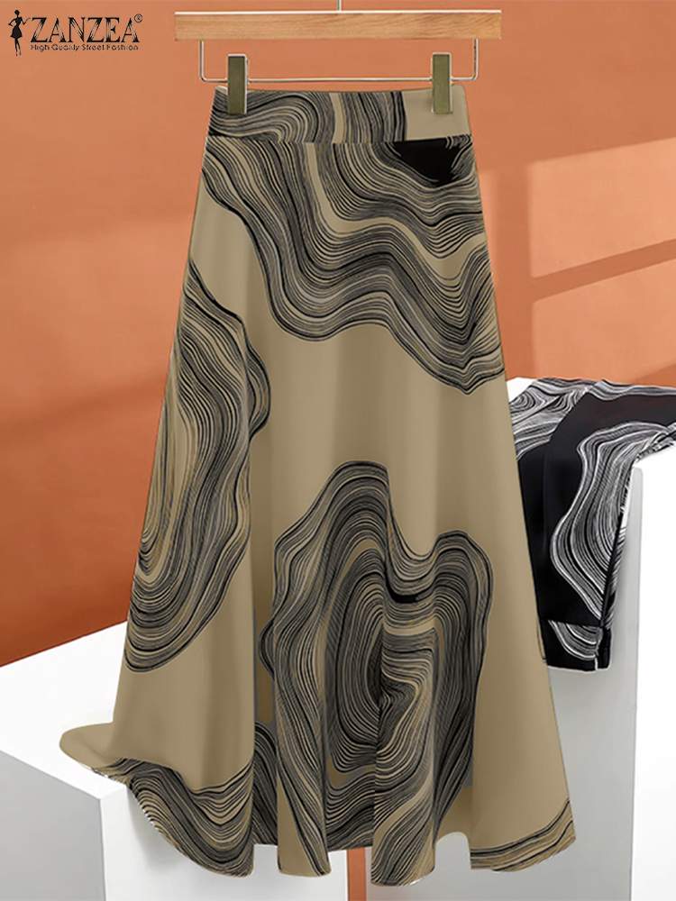 ZANZEA été élastique taille haute jupes femmes de luxe imprimé a-ligne Jupe mode coréenne bureau Faldas Vintage vacances Jupe Midi