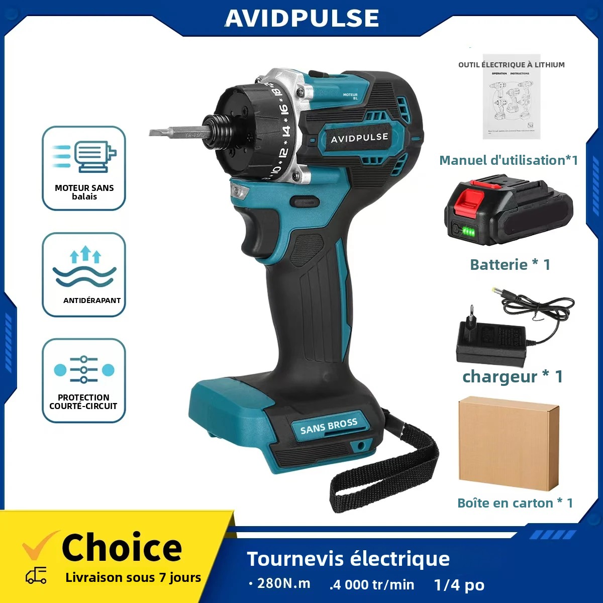 AvidPulse 20 + 1 couple 1/4 pouces tournevis électrique sans brosse sans fil 280N.m perceuse électrique outil électrique pour batterie Makita 18v