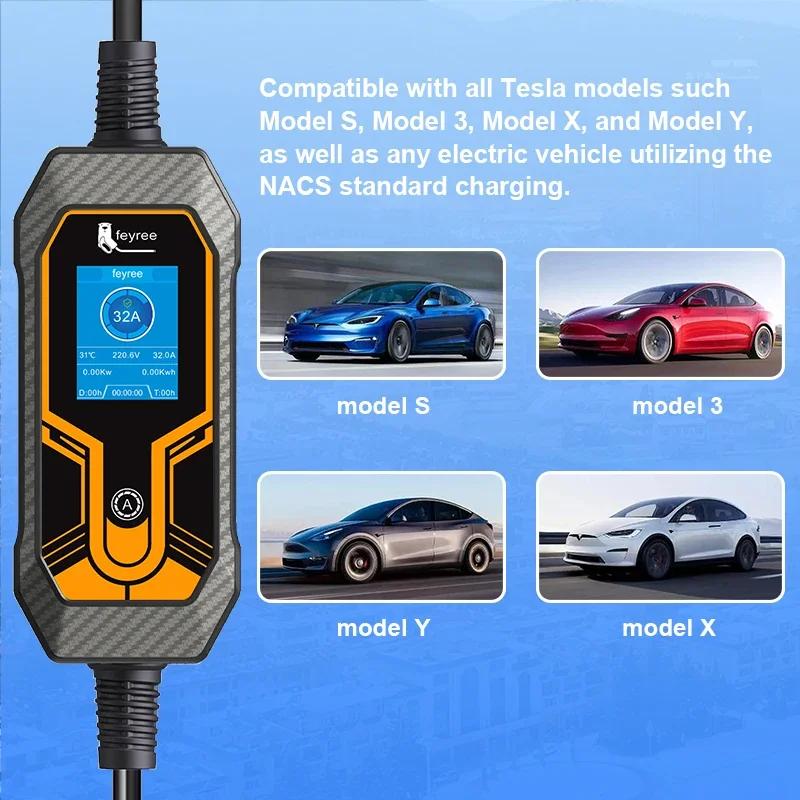 feyree Portable EV Charger Wallbox Tesla 7KW 32A 1Phase Level 2 with 5m Cable Current Adjustable for all Tesla Models 3/Y/S/X