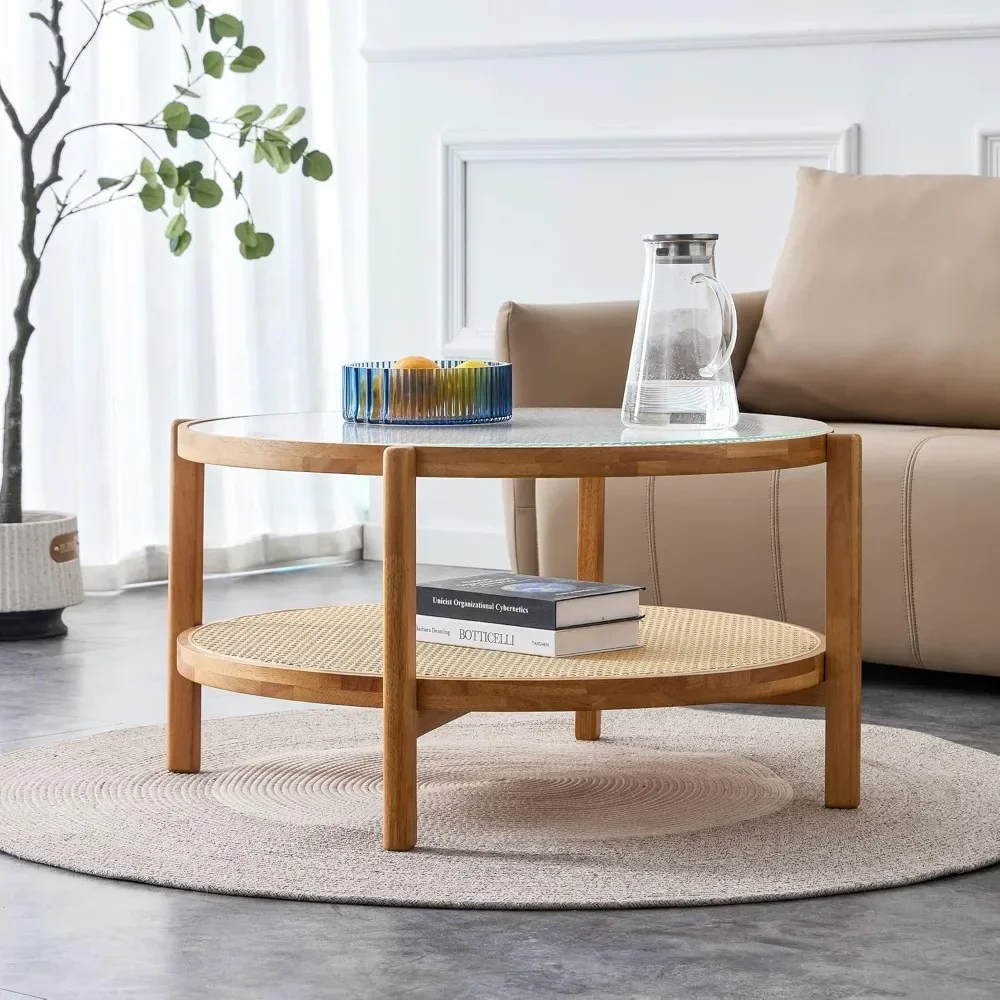 Moderner runder Couchtisch mit Stauraum, kleiner Rattan-Couchtisch mit Glasplatte, Teetisch mit 2-stufigem Ablagefach für