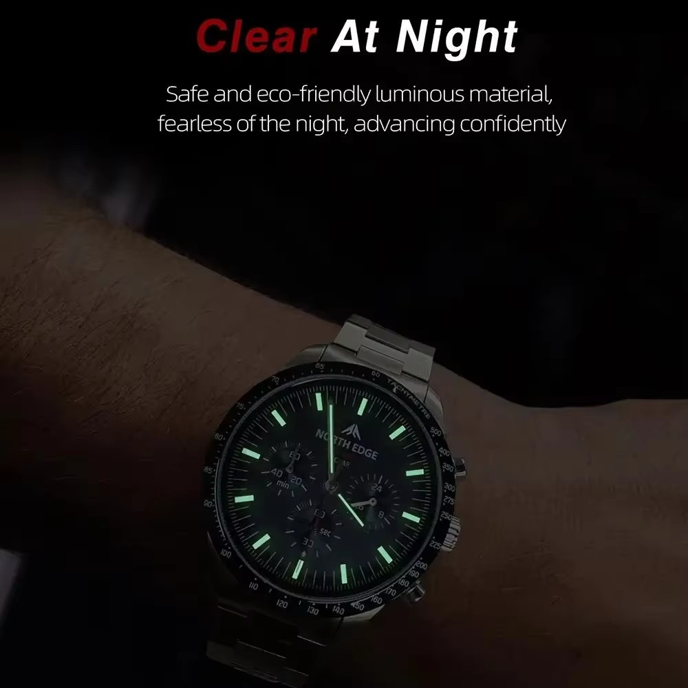 North edge 2025 longwings relógio de quartzo masculino movido a energia solar cronômetro à prova d'água 50m 316 relógio piloto luminoso de aço inoxidável completo