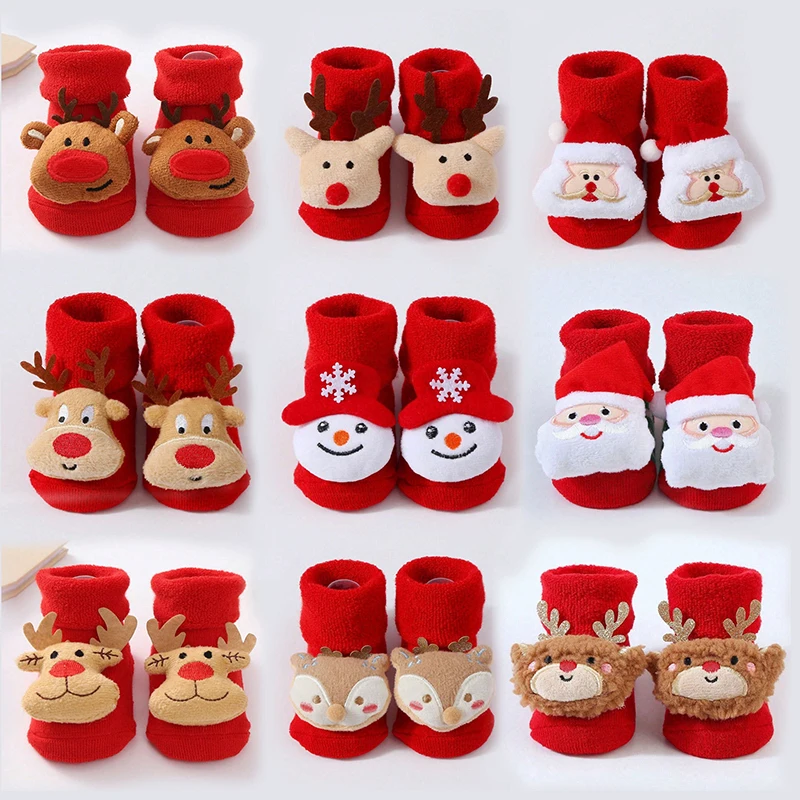 Calcetines de Navidad para niños de 0 a 12 meses, calcetines cortos para niñas y niños, calcetines cálidos de algodón para invierno, regalo de Año Nuevo para niños pequeños, calcetines de Papá Noel