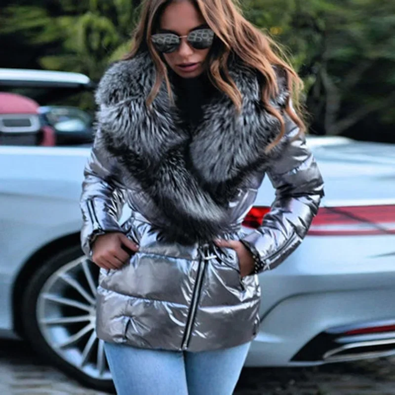 Casaco de inverno feminino superfície brilhante gola grande curto jaqueta de algodão estilo punk fino