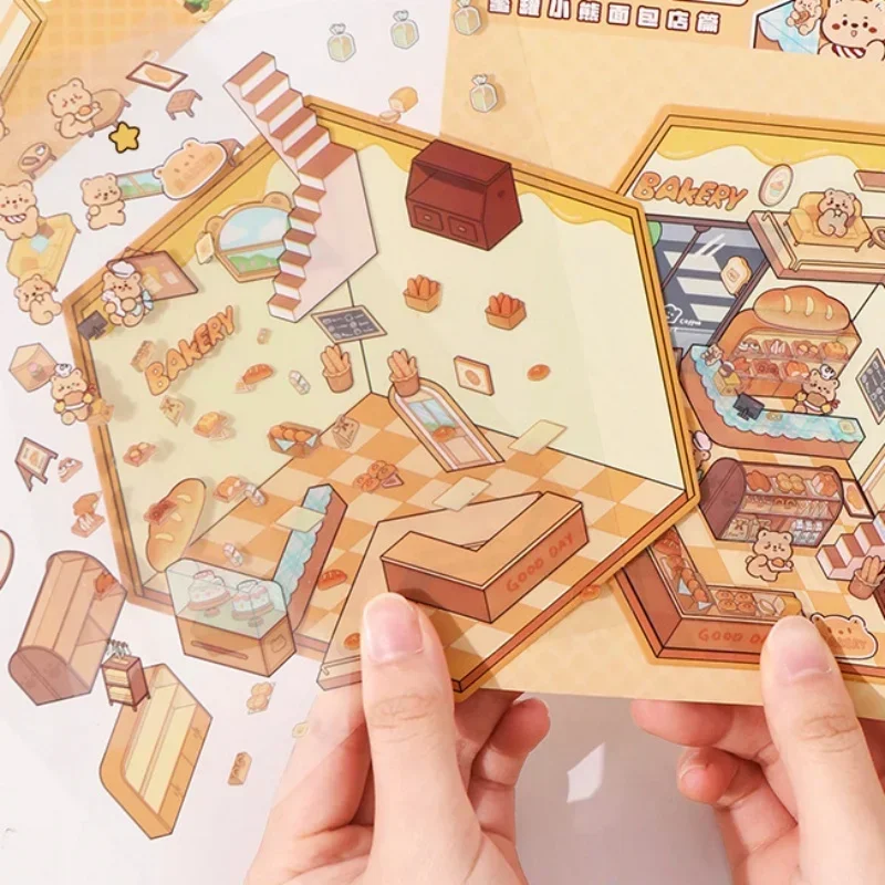 1 Set Cute Sweet Cartoon Landscaping Stickers Capybara Rabbit Bear Scene Sticker Student DIY Decor Visual 3D Scrapbook Sticker