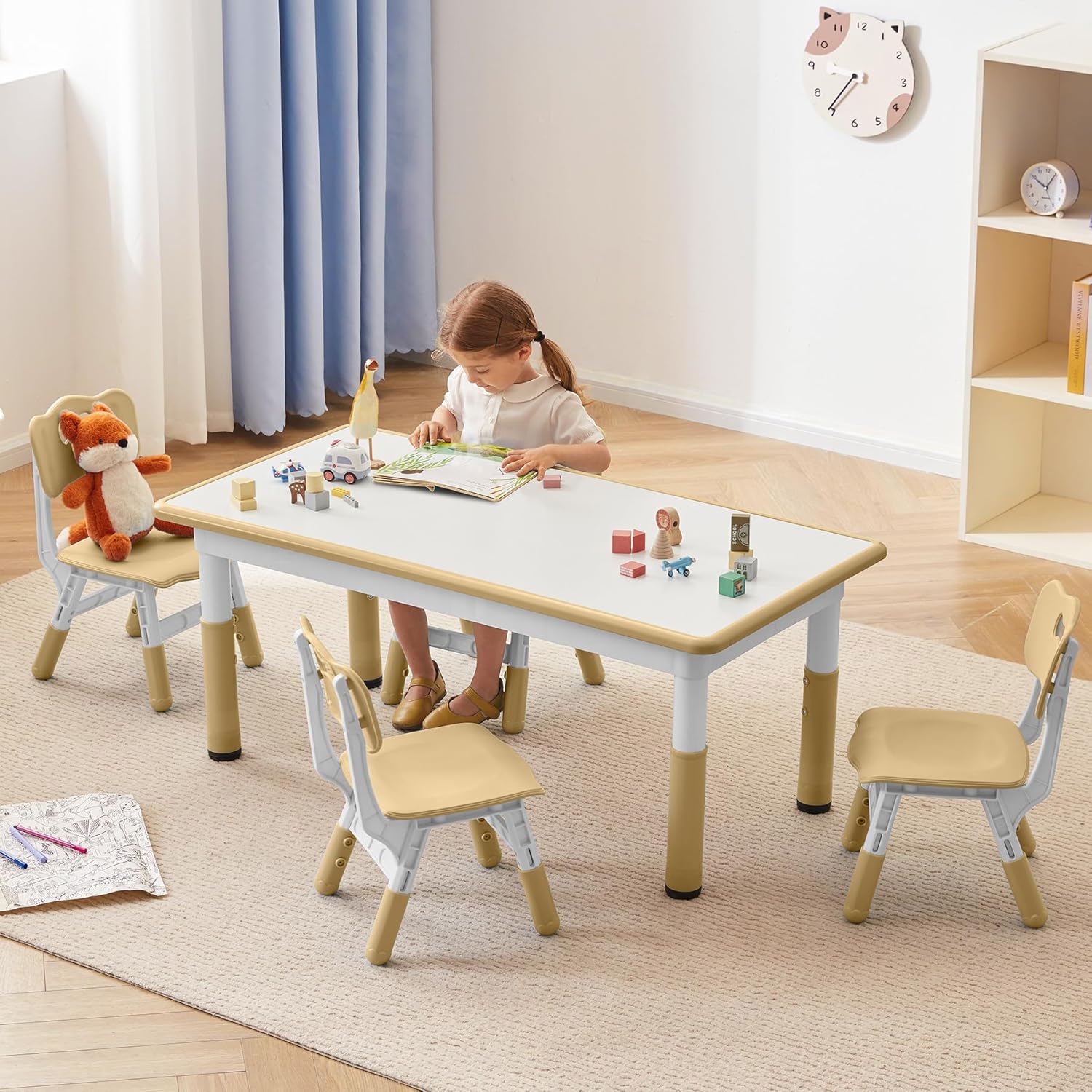 Study Table and Chairs Set, Height Adjustable Toddler Table and Chair Set for Kids Ages 3-8, Graffiti Desktop (Light Brown)