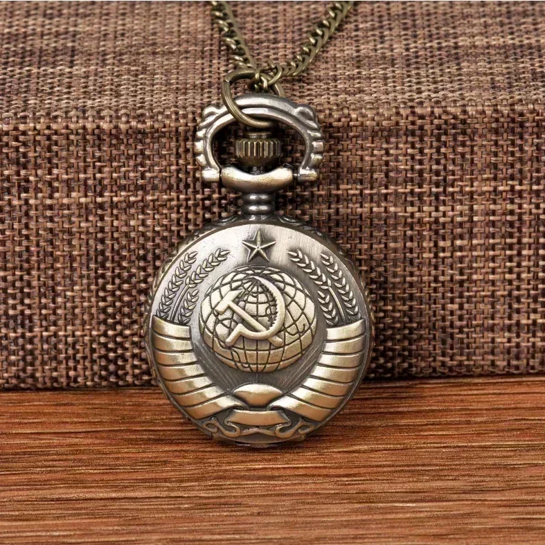 Reloj de bolsillo de cuarzo estilo martillo hoz soviético, collar, colgante de bronce, reloj CCCP, emblema de Rusia, regalos superiores del comunismo, novedad de 2024