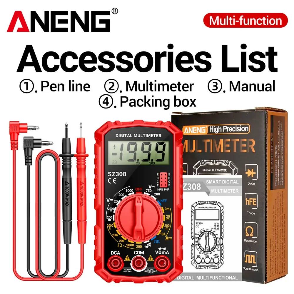 ANENG SZ308 Square Wave เครื่องทดสอบมัลติมิเตอร์แบบดิจิตอล 1999 นับ HFE Triode Buzzer มัลติมิเตอร์ AC/DC แรงดันไฟฟ้า 10A Current Meter เครื่องมือ