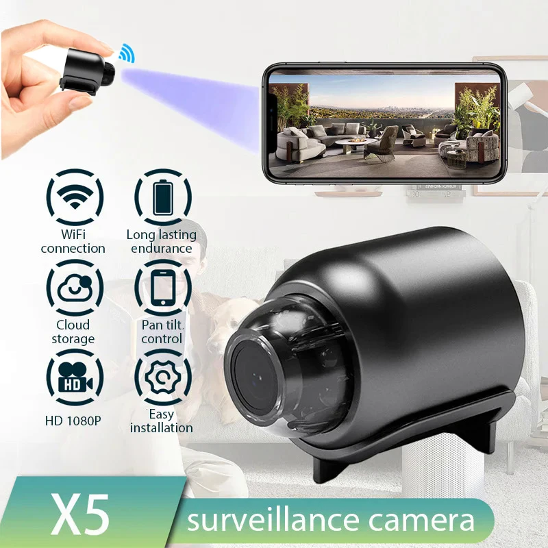 Minicámara inalámbrica X5 1080P, videocámara de vigilancia con tarjeta de vídeo de seguridad, visión nocturna, detección de movimiento, Monitor, Smart Home
