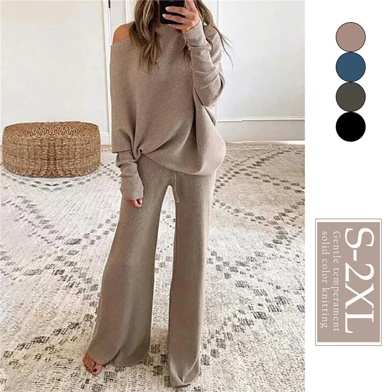 Conjunto de 2 piezas de chándal para mujer, conjunto de Jersey de punto con hombros descubiertos, pantalones de pierna ancha, otoño e invierno, 2 piezas