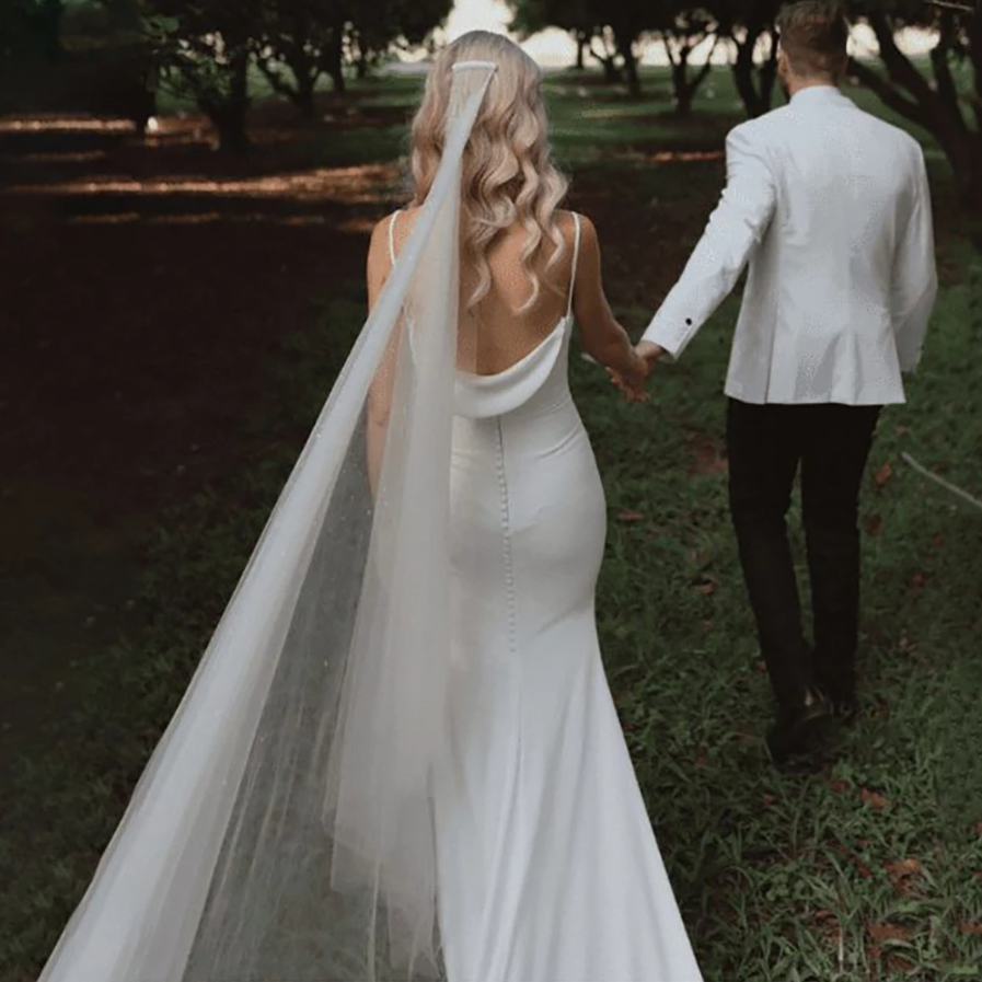 DREAM Customized Elegant Crepe Cowl Neck Mermaid Wedding Gown For Brides Simple Backless Draped Spaghetti Straps Bridal Dress