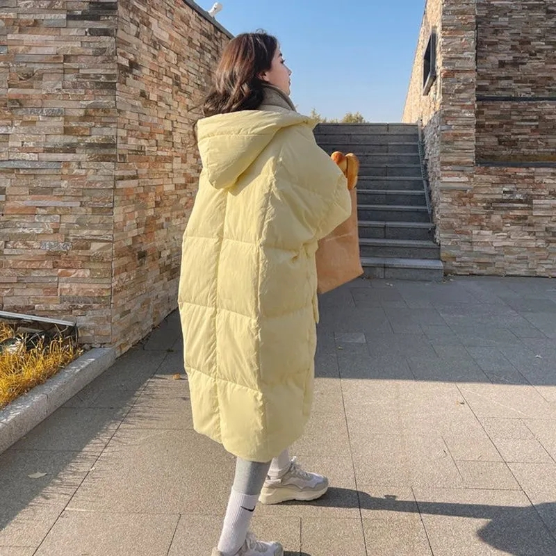 2024 nova jaqueta feminina coreana parkas de inverno solto com capuz algodão acolchoado feminino longo para baixo jaqueta engrossar casacos puffer oversize