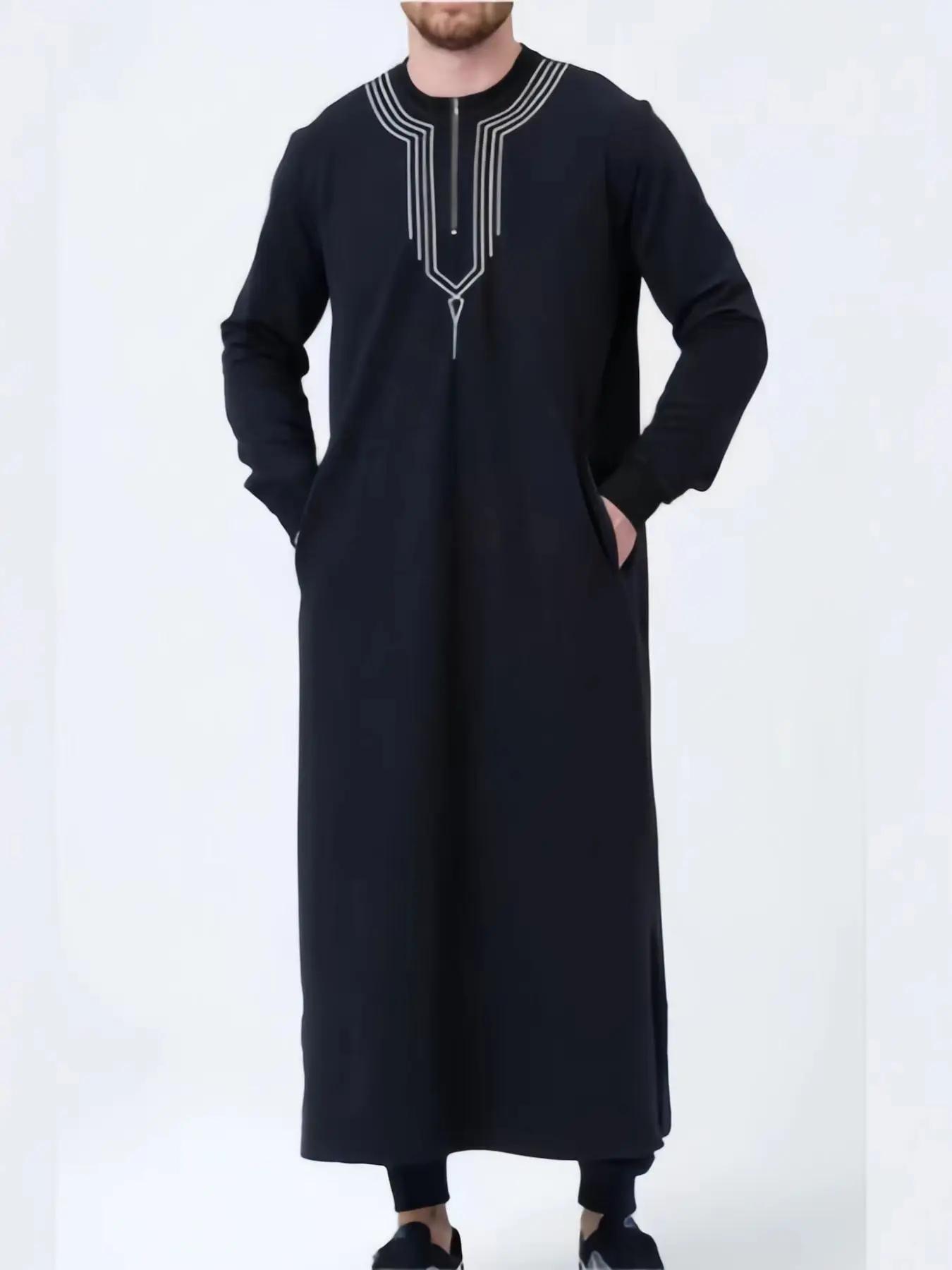 Novo Quatro estações universal 100% autêntico original manga longa muçulmano robe bordado zíper artesanato negócios casual masculino