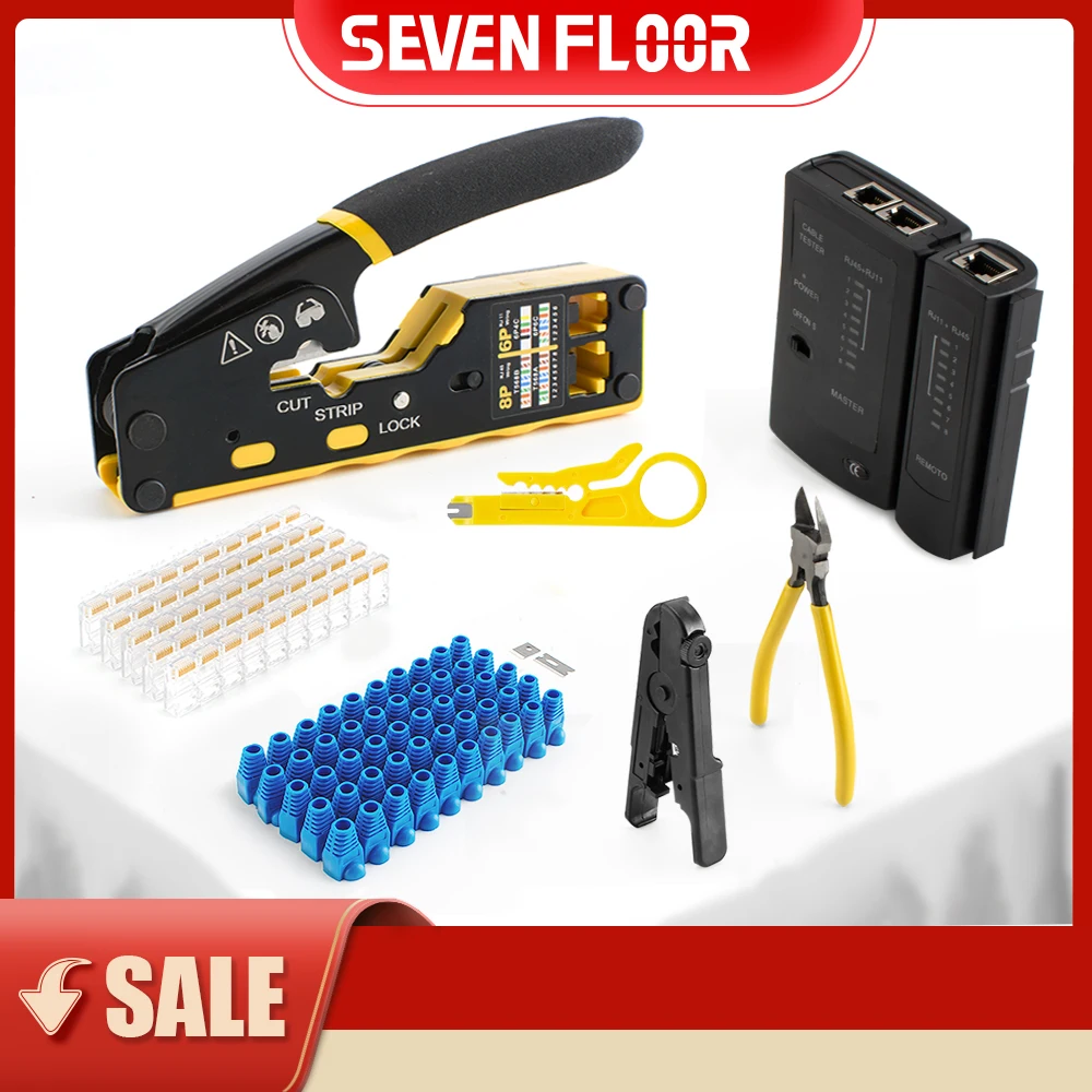 Kit de herramientas de engarzado RJ45, herramienta de engarzado, probador de cables, cortador de cables, cuchillas, 50 Uds. De conectores Cat 6 y botas de alivio de tensión