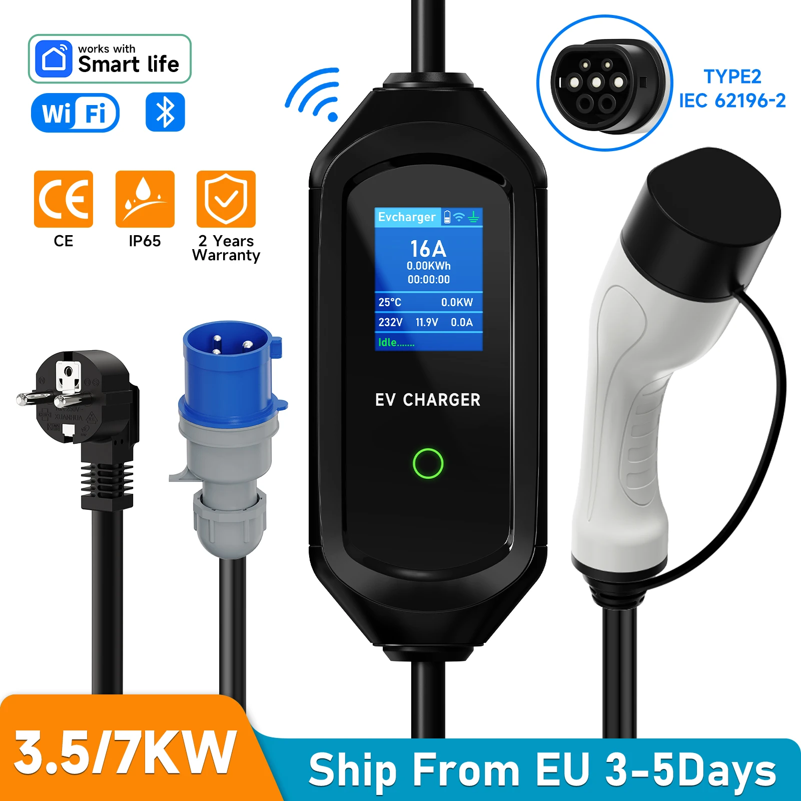AFEEV 3.5/7KW Przenośna Ładowarka EV Typ 2 IEC62196-2 Ładowarka do Samochodów Elektrycznych 16A EVSE Kabel do Szybkiego Ładowania WiFi APP Sterowanie Bluetooth