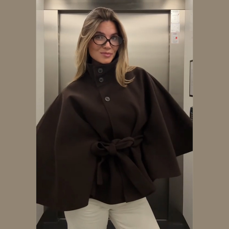 PRINTKAOIR frauen Poncho Mäntel Vintage Stehkragen Gürtel Taste Spitze Up Volle Hülse Mantel Weibliche Herbst Neue Dame Streetwears