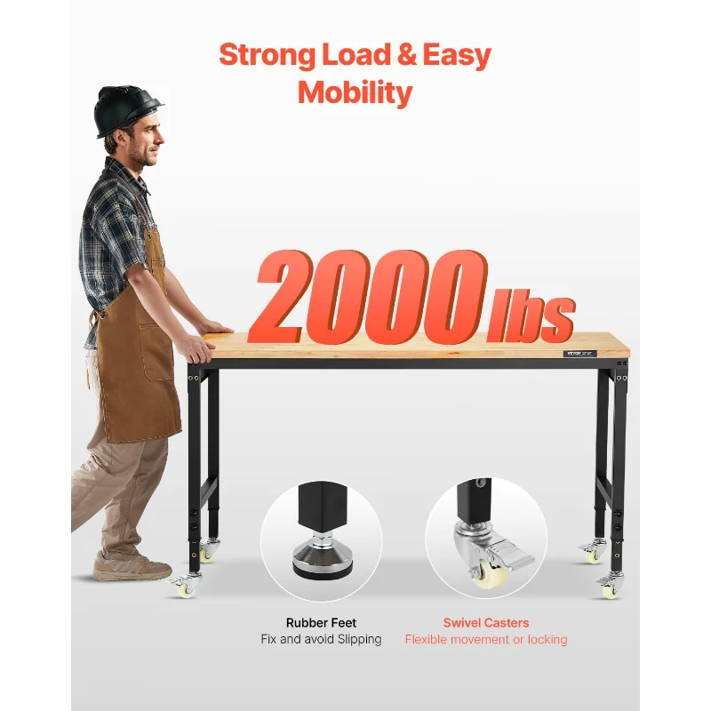 VEVOR 60-Inch Adjustable Workbench, 2000 lbs Load, Work Bench with Power Outlet, Wheels, and Pegboard, Heavy Duty Oak Wood