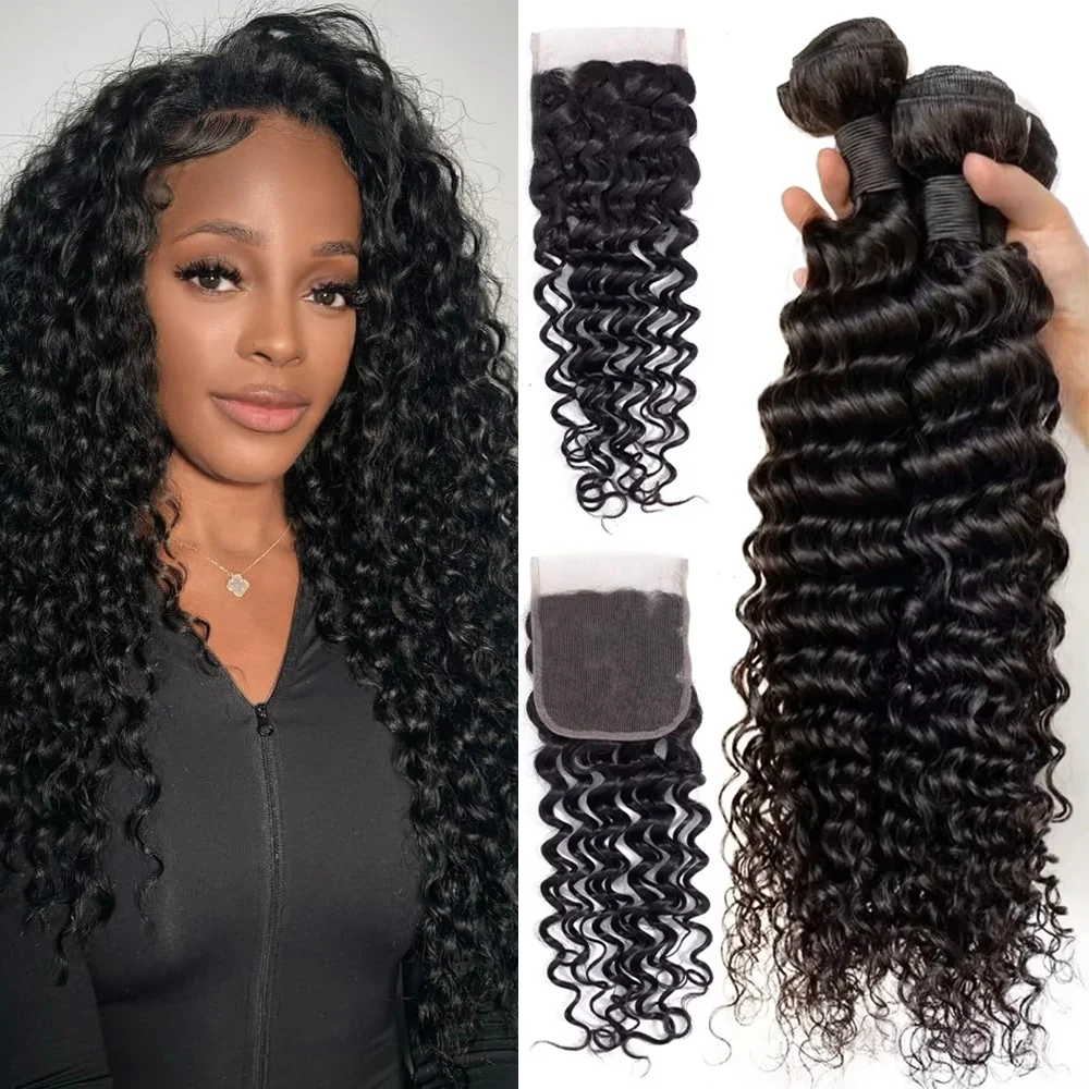 Fasci di capelli umani a onde profonde con chiusura 4x4 fasci di onde profonde fasci di capelli umani e chiusura completa e morbida consegna 3-7 giorni