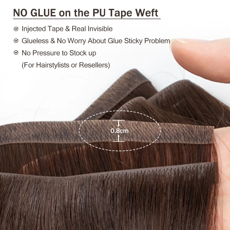 Fita longa invisível pu trama pacotes de cabelo humano cabelo natural real sem costura e sem cola fita injetada em extensões de cabelo pontas grossas
