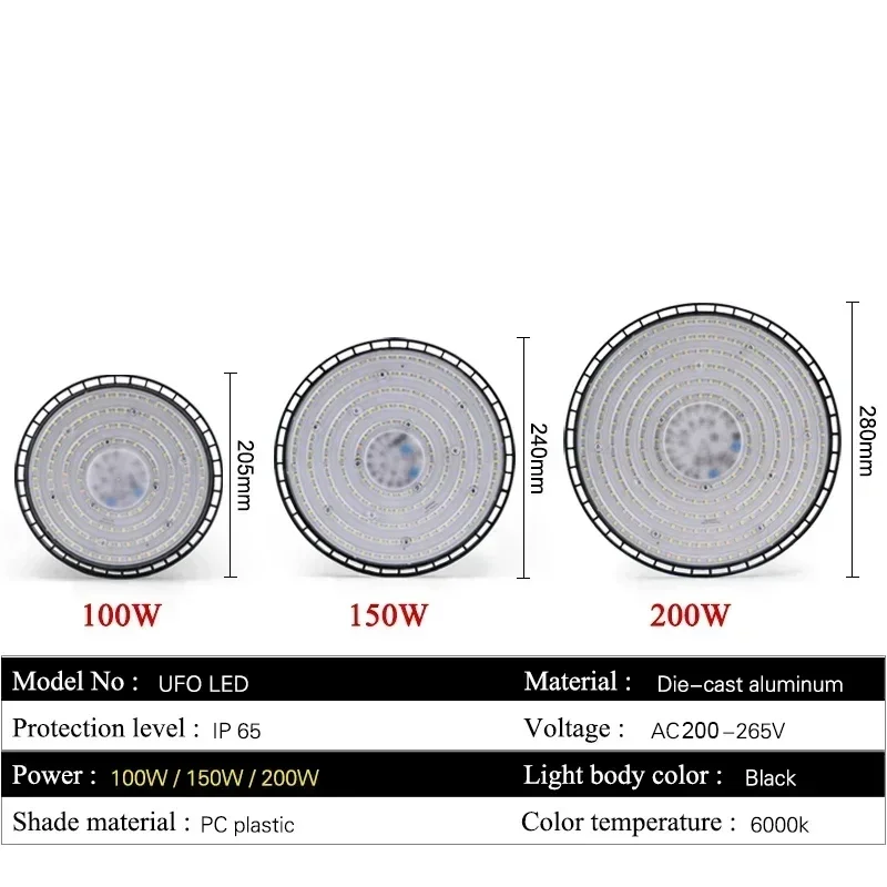 Luces LED OVNI superbrillantes de 100/150/200W para techo alto, lámparas impermeables para comercial, Industrial, para mercado, almacén, garaje, taller y garaje