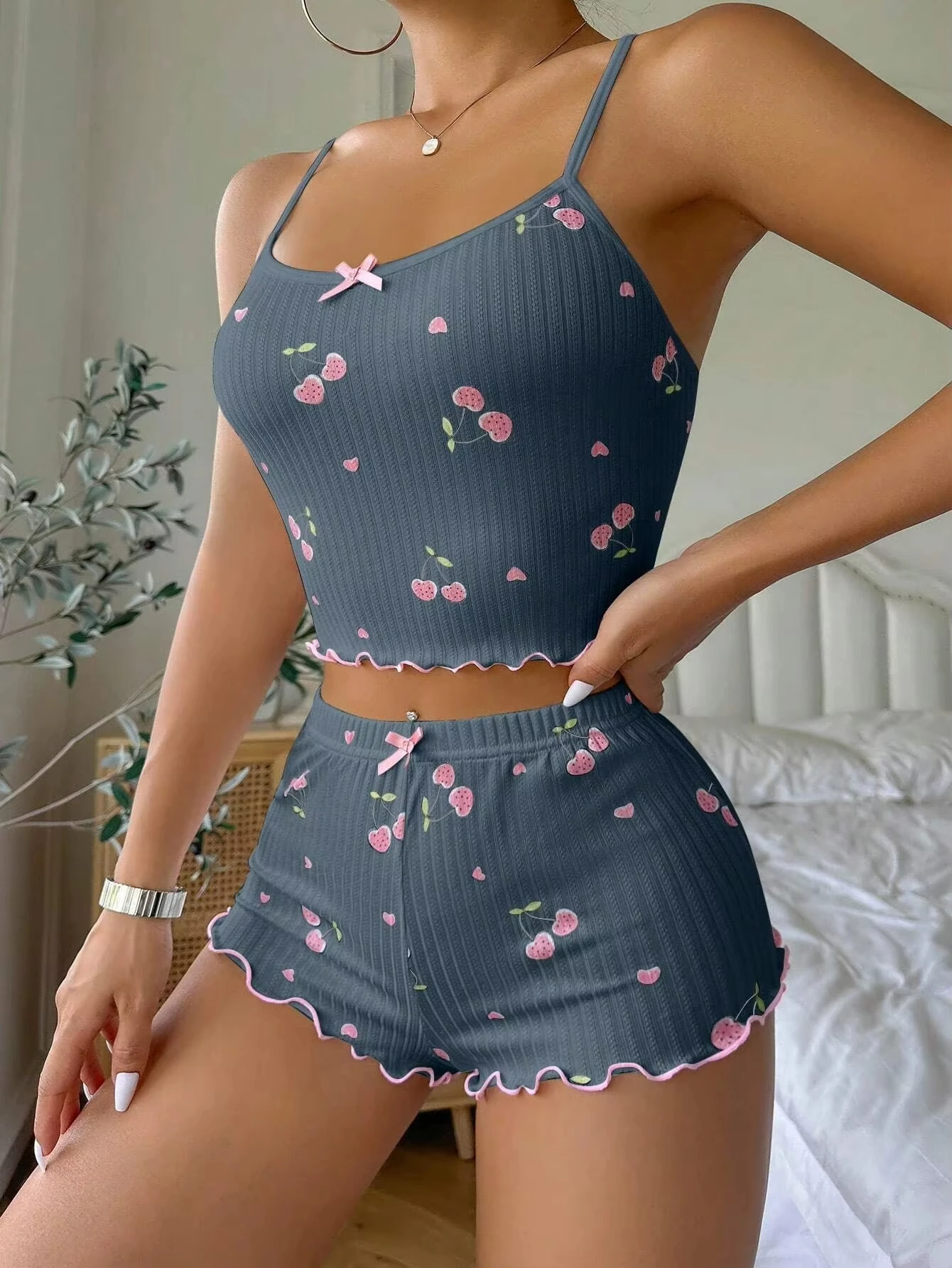 Nachtkleding Dames Zomer Pyjama Set Hartprint Sexy Geribbeld Strik Decor Ronde Hals Backless Crop Cami Top & Shorts Nachtkleding Nieuw