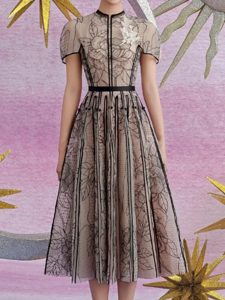 Vestido elegante decoração floral o pescoço bordado renda gaze vestidos de festa de férias femininos 2024 verão nova moda 35z290