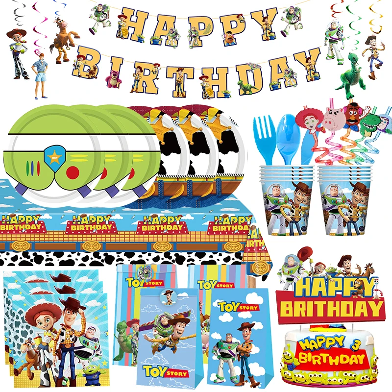 Disney Toy Story-decoración para fiesta de cumpleaños, vajilla, suministros, mantel, vasos de papel, platos, globos Buzz Lightyear, regalos para bebé