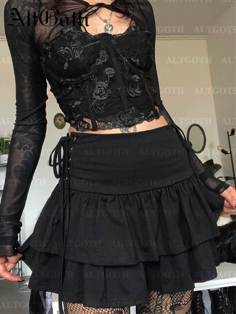 AltGoth Y2k Gothic Taart Rok Vrouwen Dark Punk Streetwear Bandage Hoge Taille Rok Harajuku Grunge Emo Alternatieve Clubwear Rok