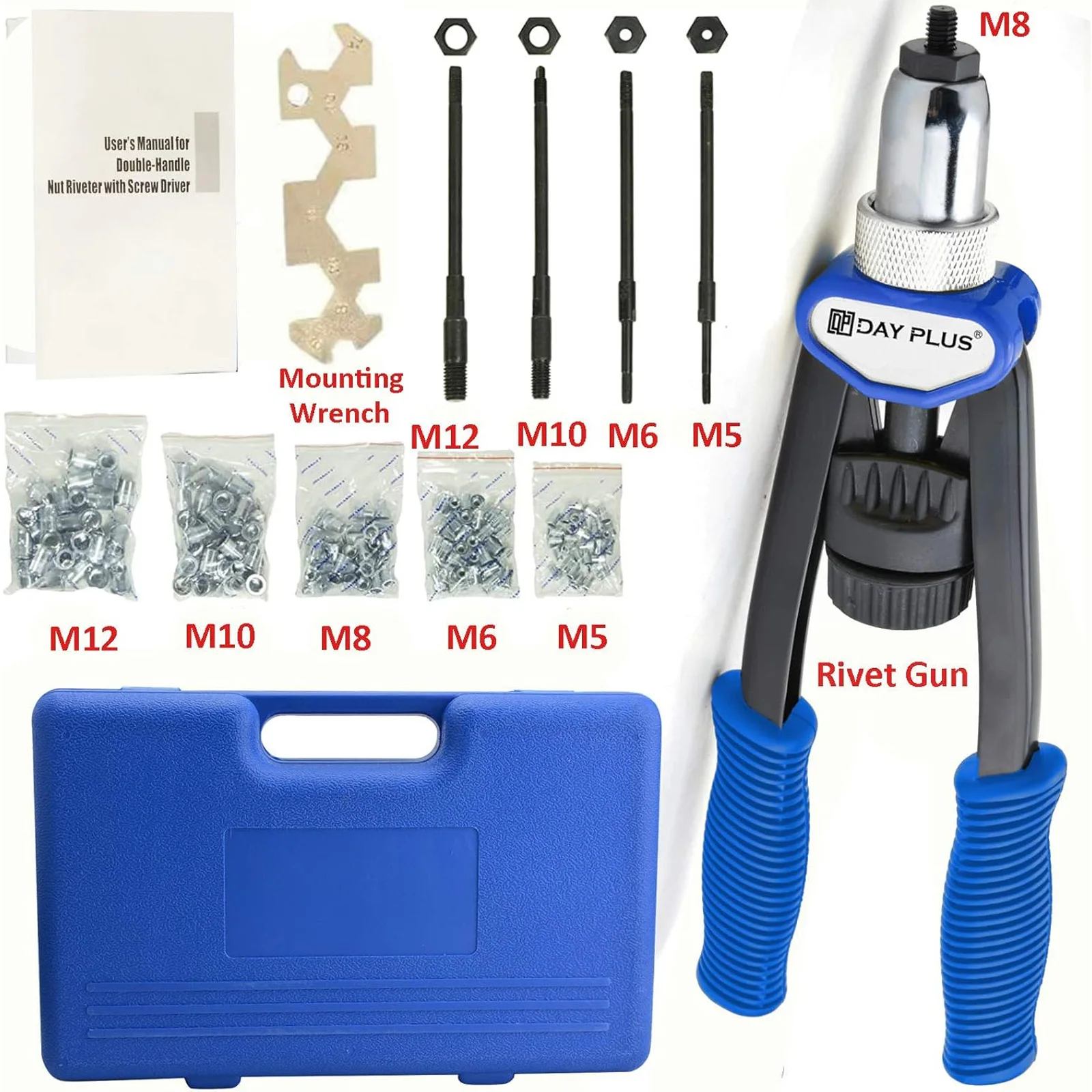 Professionnel Rivet Écrou Pince Ensemble Aveugle Rivet Pince Ensemble Riveteuse Fileté Écrou Rivetage M5-M12 Outil Avec 150 Rivet Écrous